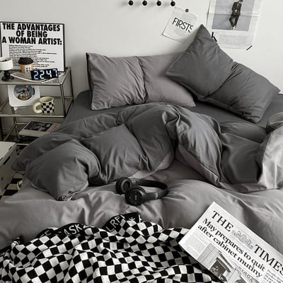 霧霾灰色雙拼色 秋季新色系水洗棉四件床包組1