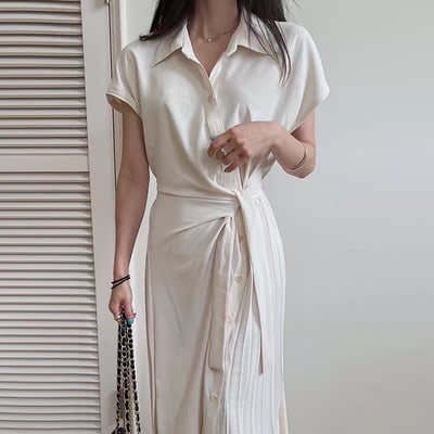 韓國chic夏季法式優雅翻領不規則綁帶斜排扣拼接百摺襯衫式連身裙1