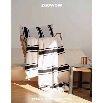 北歐風黑米條紋雙面半邊絨蓋毯3