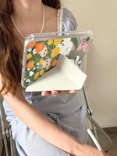 油畫貓 小貓與花朵油畫風iPad平板保護殼6