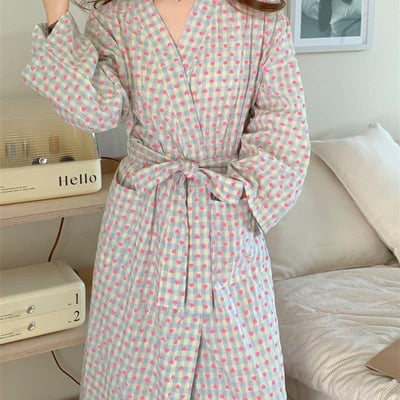 日式和服款 愛心格子純棉睡袍6