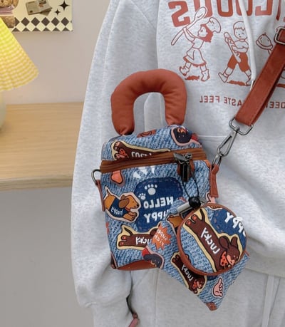 甜美可愛水桶包 卡通插畫斜背手機包手提斜挎兩用＋零錢包8