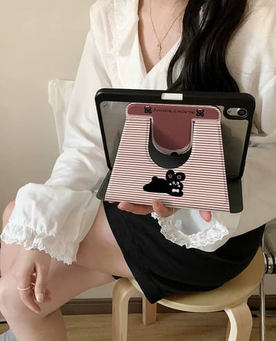 可愛邦尼兔 調皮小黑兔療癒系條紋平板保護套6