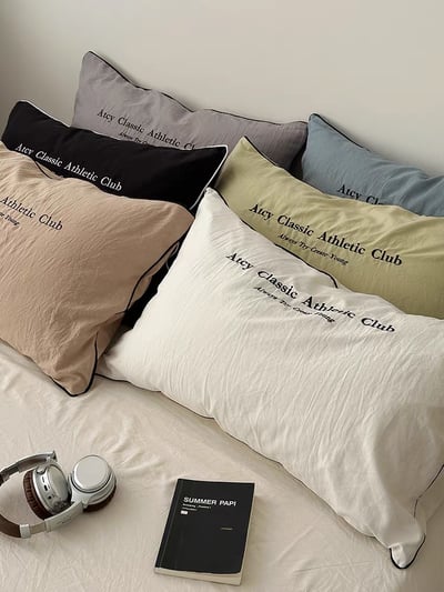 水洗ins風簡約刺繡純色枕套組1