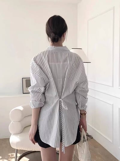 韓系秋季新款後背開叉繫帶條紋襯衫2