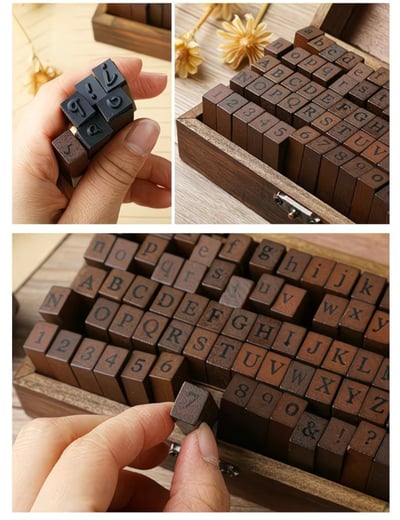 文青手作必備 復古木盒英文印章 70枚 字母×數字×符號全套2