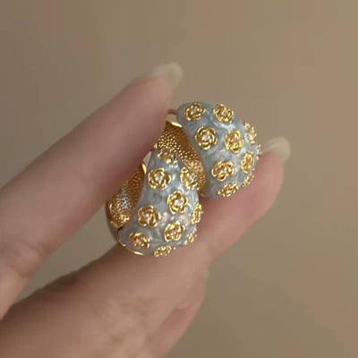 浮雕霧霾藍 法式復古滴釉玫瑰花朵耳環4入組2