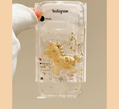 新年招財必備 金箔滴膠小馬馬上有錢蘋果系列透明手機殼1