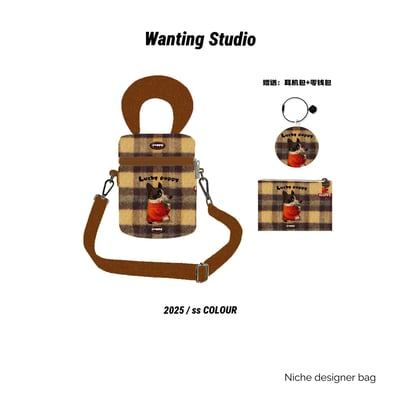 甜美可愛水桶包 卡通插畫斜背手機包手提斜挎兩用＋零錢包9