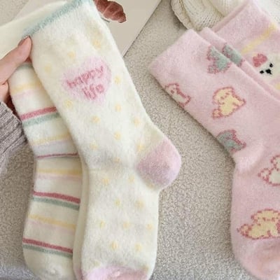 粉粉圖案冬季毛圈毛絨襪四雙組2
