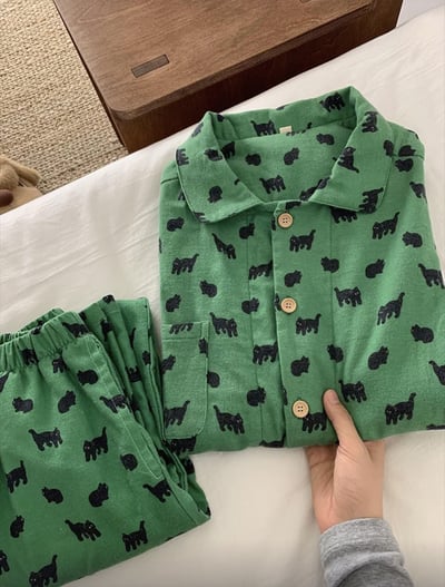 春秋長袖綠野小黑貓睡衣套裝1