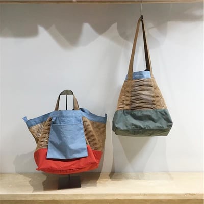 撞色網兜托特包雙面可用 輕量收納大容量購物袋3