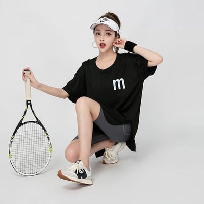 真的太懂我們的 夏季寬鬆大尺碼運動中長版 短袖健身瑜珈服兩件套裝2