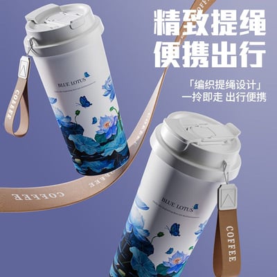 文青限定藍蓮花雙飲保溫杯 316便攜不鏽鋼咖啡杯3