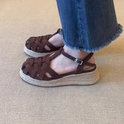 2026夏季新款法式編織包頭涼鞋  厚底增高羅馬鞋3