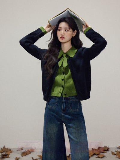 內搭感滿分 秋冬新款黑綠拼色 顯白綠黑配色假兩件針織外套3