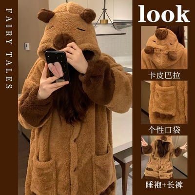 溫暖包圍卡皮巴拉 珊瑚絨冬季睡袍+褲子套裝2