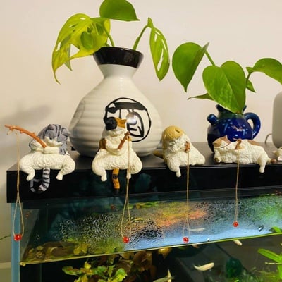 垂釣貓咪公仔可掛魚缸邊 慵懶釣魚貓咪擺件5入組2