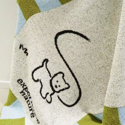 溫柔系毛毯可愛小狗插畫  淺綠條紋拼接半邊絨毯3