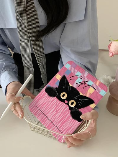 口袋黑貓 粉色格紋萌萌小黑貓平板保護套2