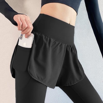 高腰收腹假兩件新款外穿口袋瑜伽褲運動褲2