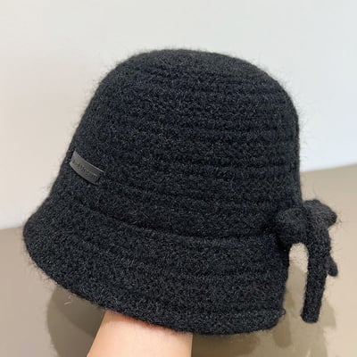 冬日質感系 日系蝴蝶結毛線水桶帽7