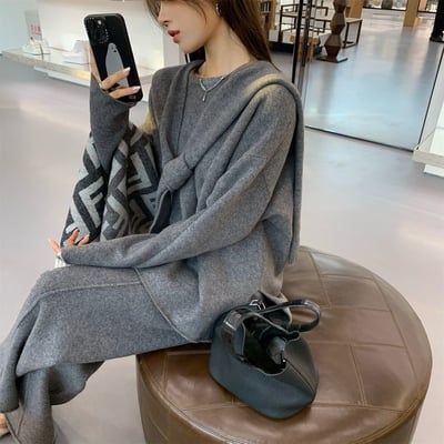 秋冬名媛感 韓劇同款柔軟高級針織披肩三件套2