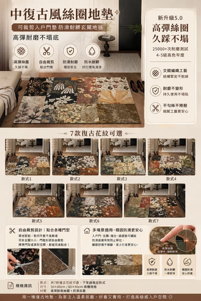 中復古風絲圈地墊  可裁剪入戶門墊 中古風復古拼花圈絲地墊 輕奢高級感入戶門腳踏墊1