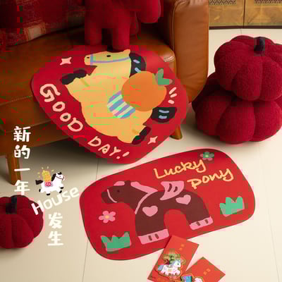可愛馬年紅色吸水地墊 好運馬上到 防滑速乾矽藻泥腳墊3入5