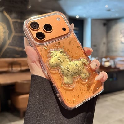 新年招財必備 金箔滴膠小馬馬上有錢蘋果系列透明手機殼3