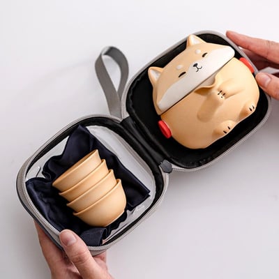 療癒柴犬隨身杯茶具組 一壺四杯  戶外旅行隨身泡茶組1