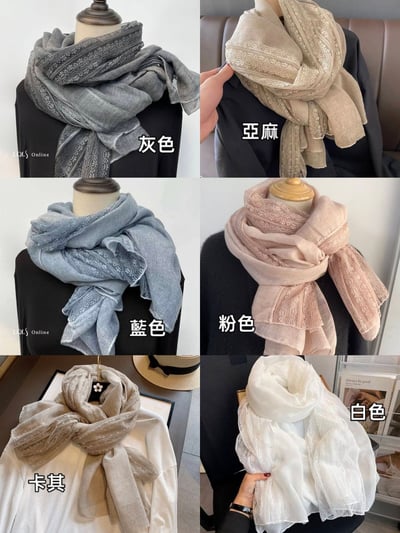 日系蕾絲拼接亞麻薄款圍巾 輕盈披肩兩用圍巾6