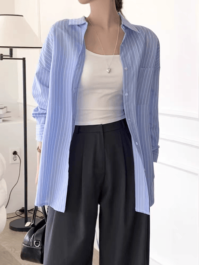 韓系秋季新款後背開叉繫帶條紋襯衫6