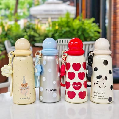 圓球球萌系保溫杯 400ml可愛色系不鏽鋼保溫杯 附掛件便攜水杯7