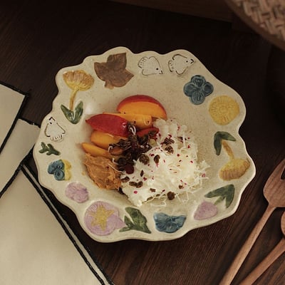 手捏釉下彩花語盤 日式復古手繪陶瓷餐盤5