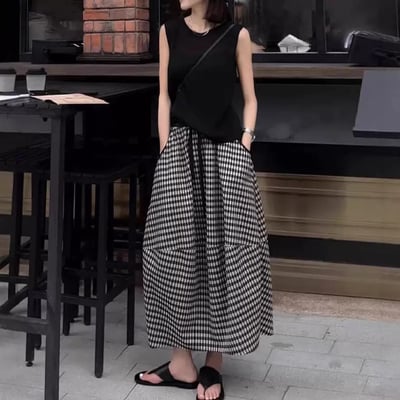 輕熟鹽系格子花苞裙3