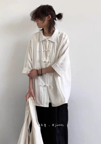 夏季新中式復古盤扣襯衫 純色寬鬆唐裝 男女國風短袖上衣1
