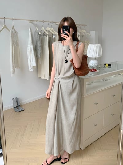 夏季不規則系帶麻棉連衣裙5