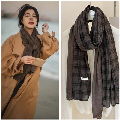 韓版氛圍感格子圍巾 全棉亞麻質感雙色披肩5