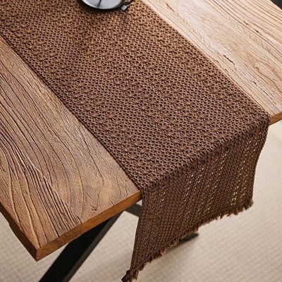 美拉德風編織桌旗棉麻質感流蘇桌布3