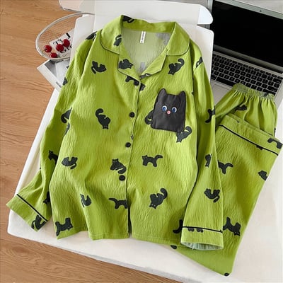 綠色萌貓口袋俏皮黑貓睡衣套裝5