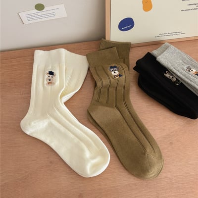 治癒系小狗刺繡寬條紋棉襪 可愛雪納瑞造型溫柔堆堆襪4雙組2