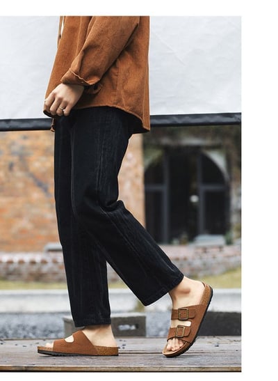 男士磨砂一字帶休閒平底拖鞋 勃肯鞋5