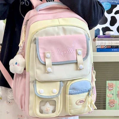 日系甜美拼色雙肩包 高顏值軟萌大容量書包背包2