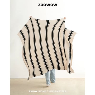 北歐風黑米條紋雙面半邊絨蓋毯6