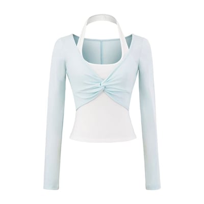 氣質撞色假兩件掛脖 修身顯瘦長袖運動T恤5