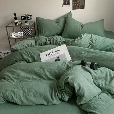 新色系水洗棉四件床包組 清新綠純色有單人款1