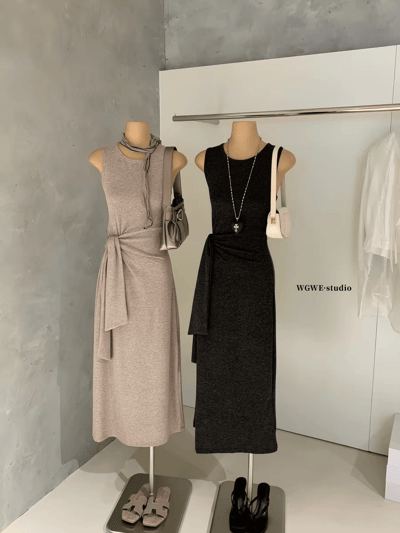 春夏｜極簡綁帶收腰無袖開叉連身裙2