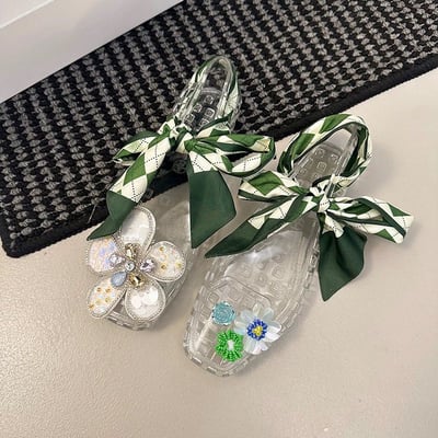 韓系多巴胺綁帶花朵水晶果凍涼鞋 PVC鏤空透氣平底沙灘鞋2