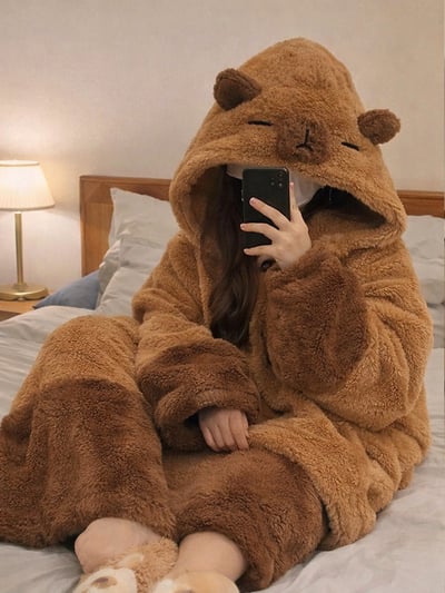 溫暖包圍卡皮巴拉 珊瑚絨冬季睡袍+褲子套裝3